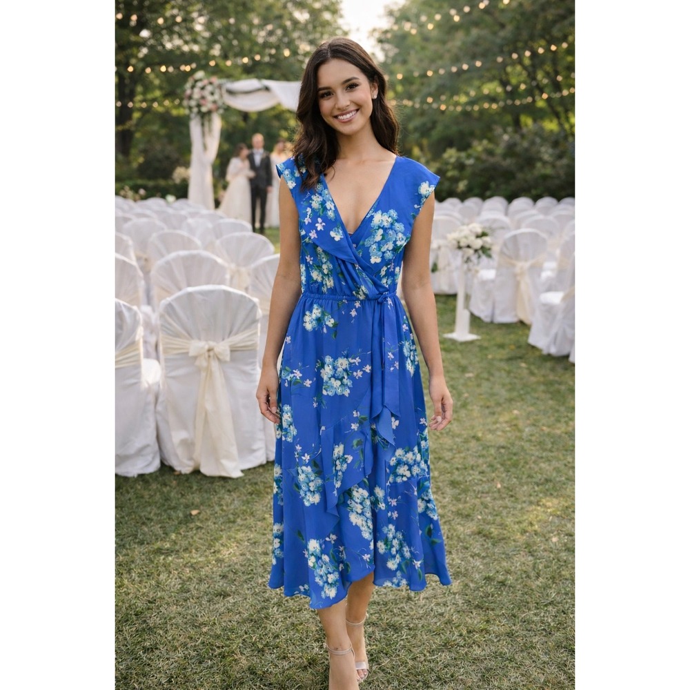 Socialite Floral Faux Wrap Midi Dress Womens Small Blue‎ Excellent Ruffle V-Neck